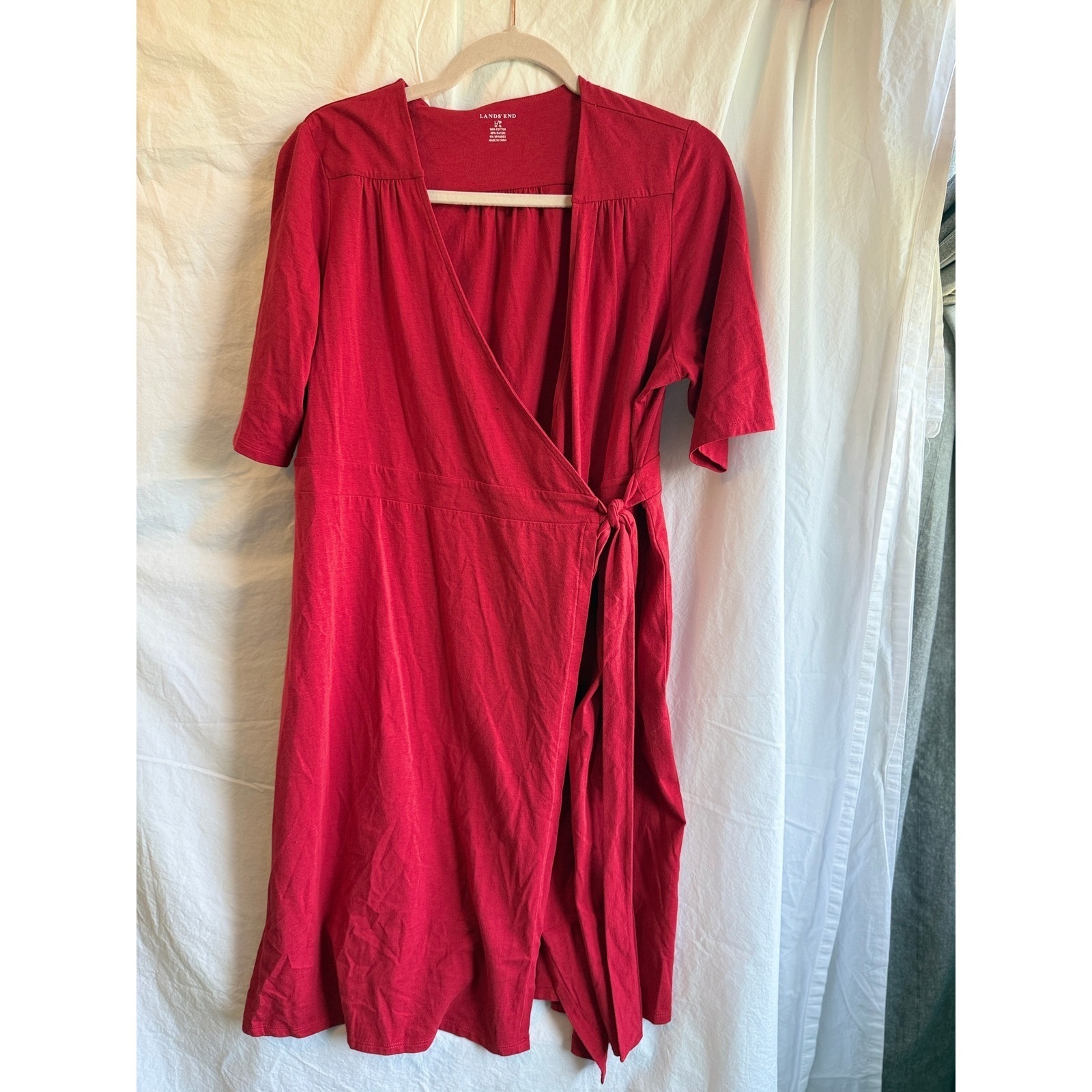 Lands' End Red Cotton Blend Jersey Wrap Dress Short Sleeve Large Petite